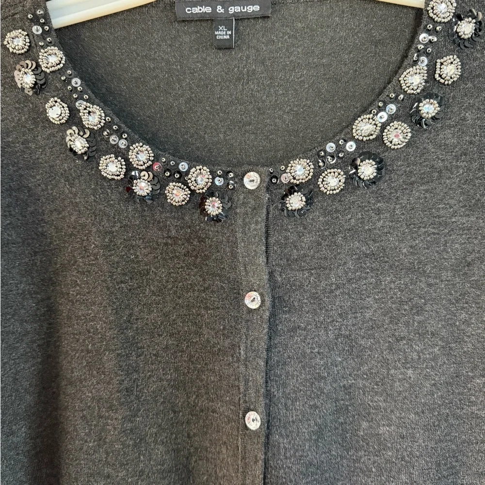 Cable & gauge dark charcoal, gray cardigan, embellished with beautiful bling XL